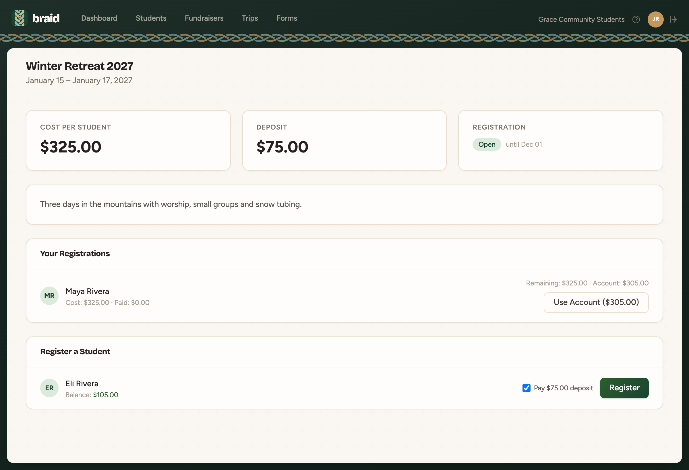 A trip page with cost, deposit, registrations and a Register button